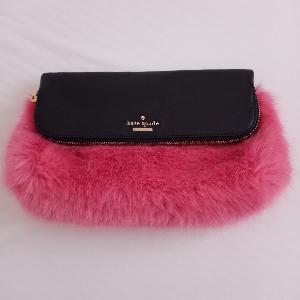 Kate Spade NY pink faux fur and black leather clutch